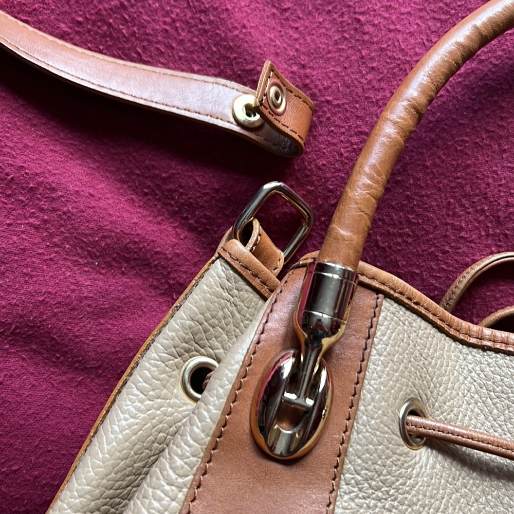 Valentina 2 Tone Pebbled Leather Bucket Bag w/ Drawstring and Shoulder S… - Picture 9 of 11